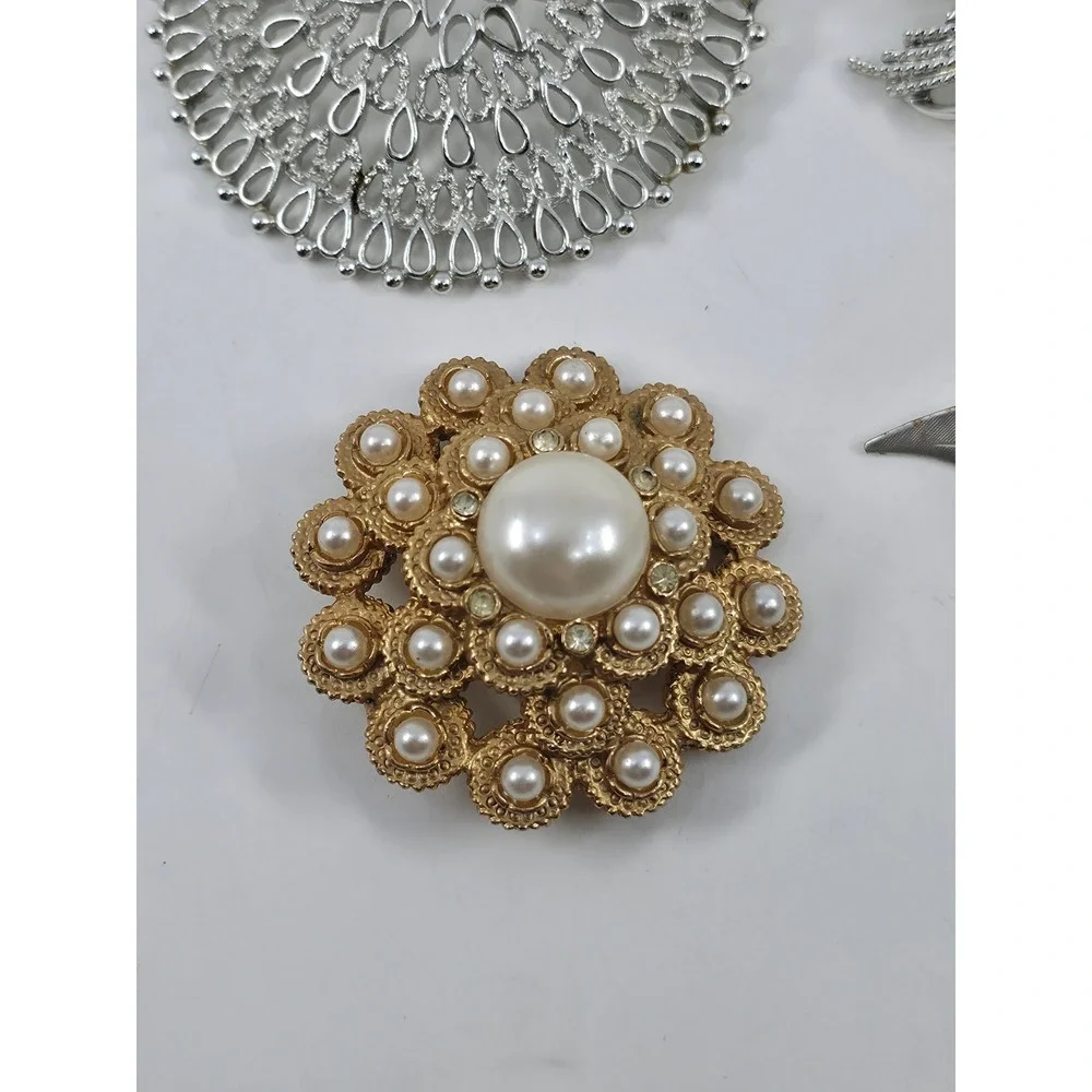 Vintage Brooch Lot 6pc Silver Gold Tone‎ Faux Pearl Filigree Floral Leaf Enamel